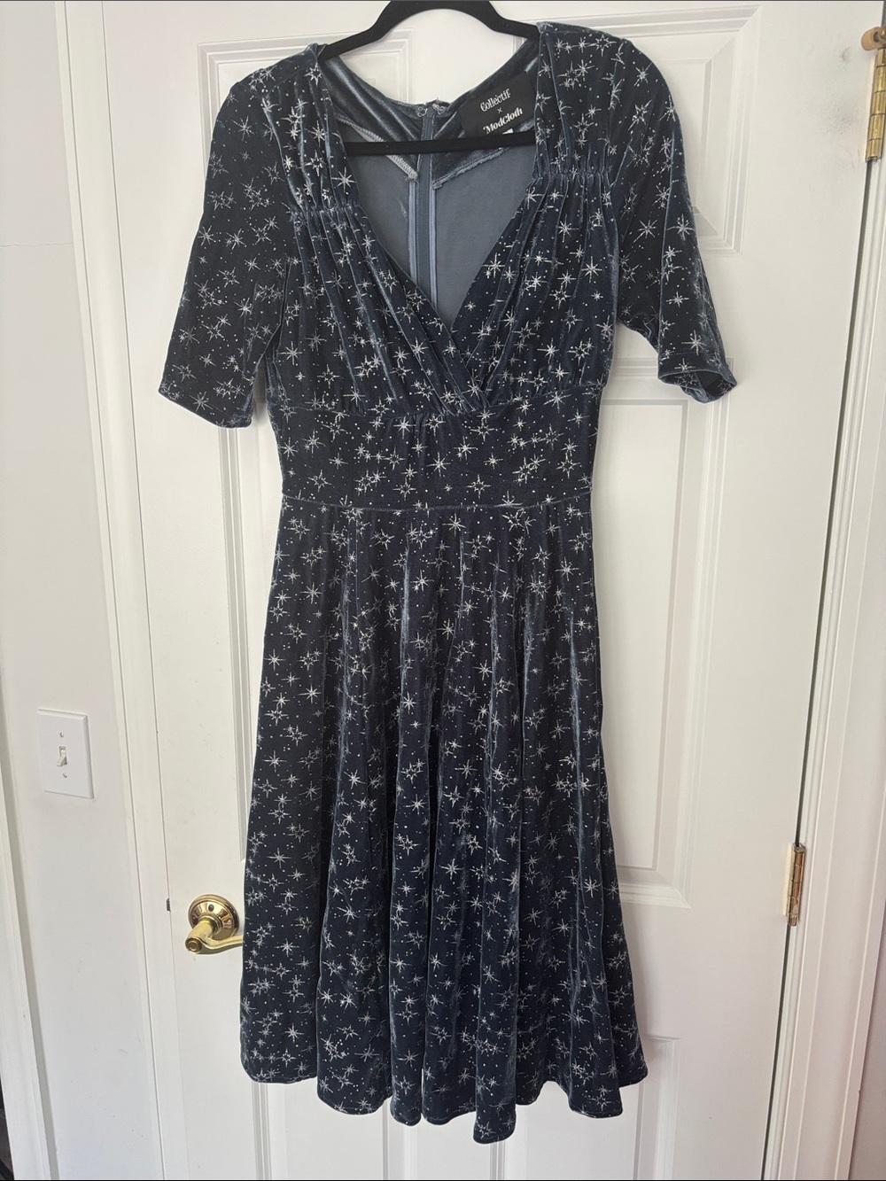 Collectif x ModCloth blue and silver sparkle star velvet dress size M